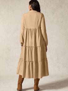 Boho Mama Maternity Solid Color Long Sleeve Button Design Frill Trim Casual Dress - Khaki - View 2