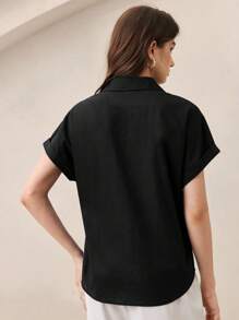 BizChic Áo sơ mi nữ màu đen cổ bẻ cài cúc phía trước, kiểu dáng cơ bản thường ngày cho mùa xuân/hè, dễ dàng phối đồ nhiều lớp. - màu đen - Xem 6