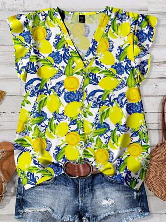 EMERY ROSE Plus Size Women's Daily Casual Vacation V-Neck Small Flying Sleeves Holiday Style Summer Summer Yellow Holiday Lemon Pattern Loose Shirt Women's Summer Clothes Women's Holiday Clothes Women Autumn And Winter Chic Blouses For Women