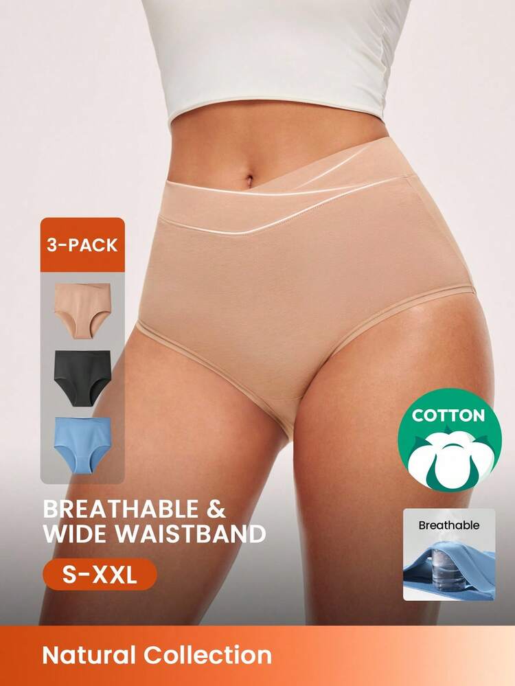 3 Pacotes de Calcinhas de Cintura Alta de Algodão, Conjunto de Roupas Íntimas Femininas - Cores Pastel