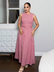 Melissa Matos Women's Summer Holiday Picnic Plaid Crew Neck Tie Waist Pocketed Sleeveless Loose Casual Dress, Suitable For Various Occasions, Casual, Commute And Travel Women Nice Dress Dresses Classy Elegant Women's Concert Attire,Graduation Dresses - Red and White - View 4
