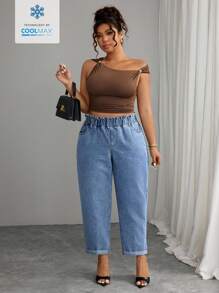 Elenzga 大码女式荷叶边口袋锥形休闲牛仔裤