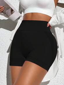 Easithlete Bộ 4 quần short tập yoga cạp cao cho nữ, màu đen, xanh navy, xám đậm, đỏ hồng, quần short thể thao liền mạch thoải mái, quần short tập luyện bó sát, quần short thể thao cạp cao cho nữ, quần short tập gym - Nhiều màu - Xem 3