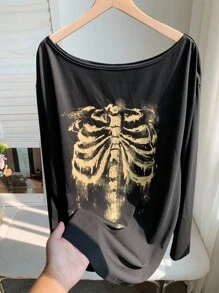 Comfortcana Áo thun nữ tay dài cổ tròn đơn giản, dáng rộng, thường ngày - màu đen - Xem 5