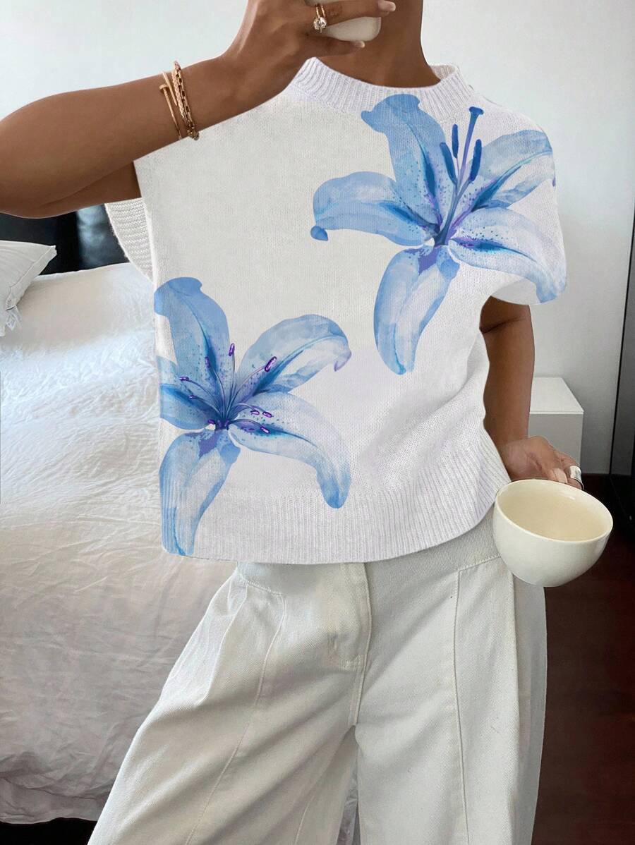 Siren Gaze Áo len tay ngắn phong cách Pháp thường ngày dành cho nữ, họa tiết hoa, phù hợp cho mùa thu/đông, màu xanh lam - Nhiều màu - Xem 1