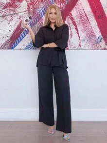 2 件套女士混合侧开叉宽松衬衫和高腰阔腿裤优雅商务休闲女士 - 藏蓝色 - 查看 3