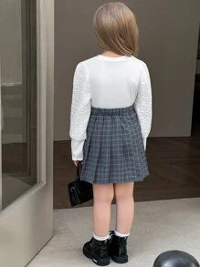 SHEIN 2件套 女童可爱泡泡袖舒适圆领白色长袖上衣搭配时尚格子百褶裙 - 白色 - 查看 2