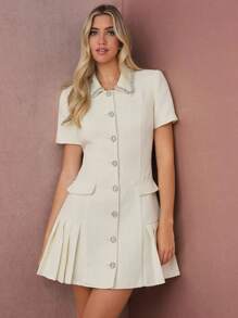 Enchnt 女士珍珠装饰领短袖纯色连衣裙 - 杏色 - 查看 6