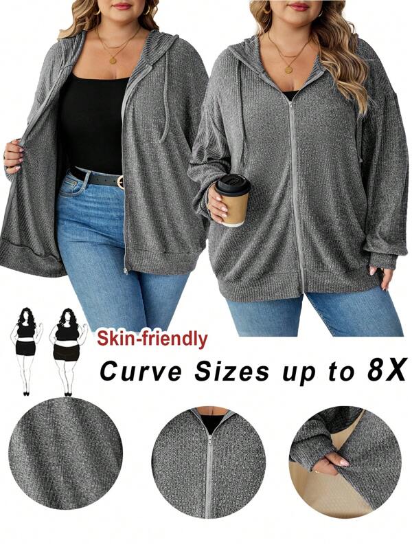 SHEIN CURVE+ Vêtements grande taille/Vêtements d'automne/Vêtements d'hiver pour femmes/Vêtements d'hiver Plus grande taille Couleur unie décontractée sweat-shirt à capuche zippé avec cordon de serrage sweat-shirt à capuche grande taille Femmes sweat-shirt à capuche zippé grande taille Vêtements grande taille 8xl Vêtements pour femmes Cardigans grande taille sweat-shirt à capuche zippé grande taille Vêtements d'automne, d'hiver, GRANDE TAILLE
