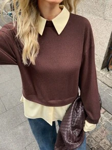 Elyressa Women's Contrast Color Lapel Drop Shoulder Long Sleeve Loose Casual T-Shirt - Khaki - View 1