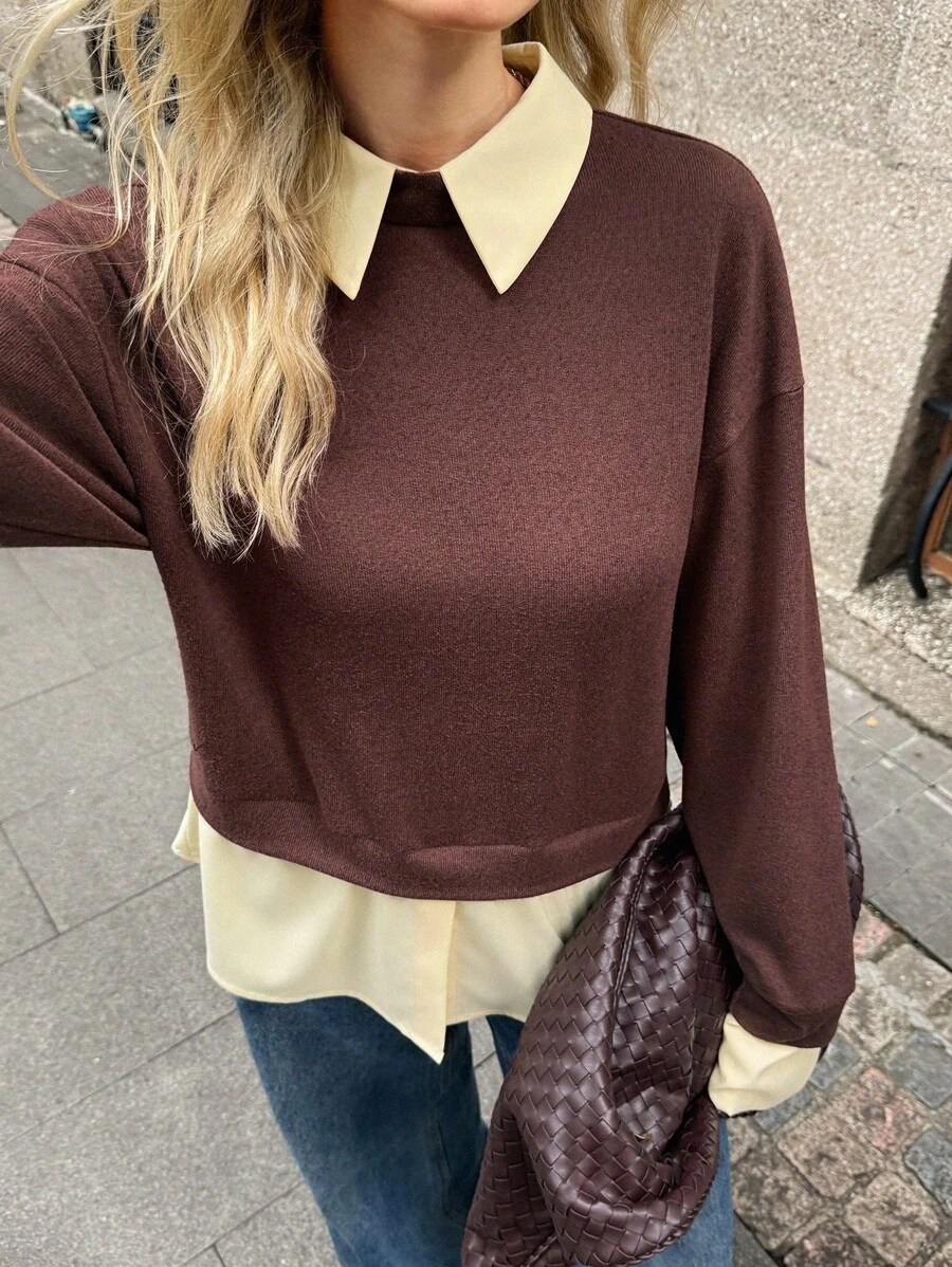 Elyressa Women's Contrast Color Lapel Drop Shoulder Long Sleeve Loose Casual T-Shirt - Khaki - View 1