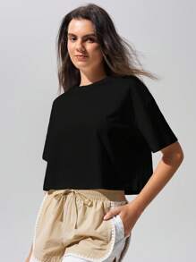 Fluxe Camiseta casual impermeable de mujer de unicolor, cuello redondo, hombros caídos y manga corta