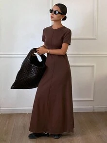 DAZY Váy len dệt kim cổ tròn tay ngắn công sở mùa thu mới cho nữ Váy len nữ - Xám - Xem 4