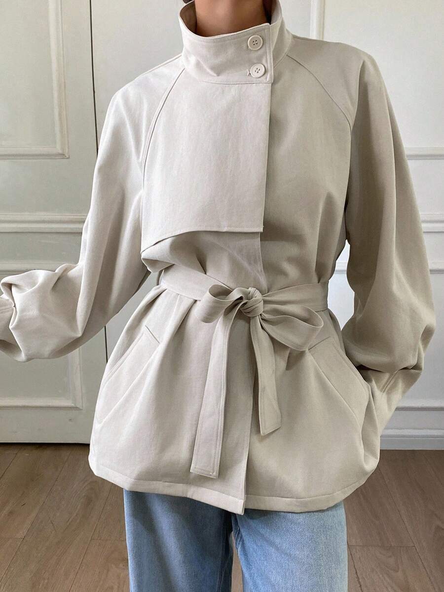 Livesso 秋冬新款宽松休闲加厚风衣女式常规外套女式大衣 - 卡其色 - 查看 1