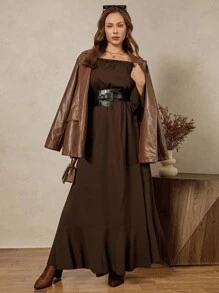 Zelara Đầm thời trang cổ vuông tay dài xẻ tà bên hông cỡ lớn cho nữ - Cà phê nâu - Xem 2