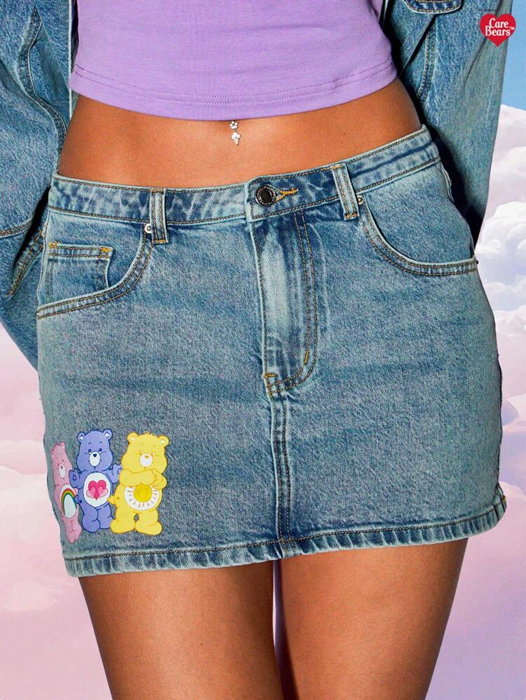 MISSGUIDED Retro Y2K Denim Mini Skirt High Rise Graphic Print Nostalgic Kawaii Streetwear 90s Fashion Skater Style Adorable Cartoon Casual Wear