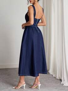 Elenzga 女式方领无袖束腰褶皱水洗牛仔连衣裙 - 深色水洗藍 - 查看 2