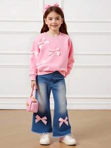 Elladie kids 两件套女童粉色圆领长袖蝴蝶结卫衣搭配喇叭牛仔裤，时尚甜美可爱，适合秋冬季节。粉色蝴蝶结牛仔裤，儿童粉色蝴蝶结牛仔裤，粉色蝴蝶结套装，女童粉色蝴蝶结卫衣，秋冬季 - 卡其色 - 查看 3