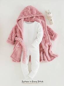 Cozy Pixies Young Girl Solid Color Textured Thermal Lined Hooded Robe With Tie Fall Winter - Pink - View 7