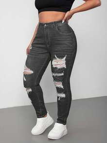 SHEIN Cottnline Plus Size Medium Wash Blue High Stretch Skinny Distressed Sexy Jeans - Grey - View 6