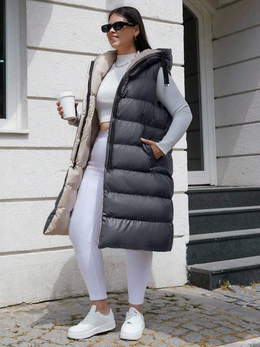EURMUSE Plus Size Zip Up Drawstring Hooded Puffer Vest Coat - Dark Grey - View 1