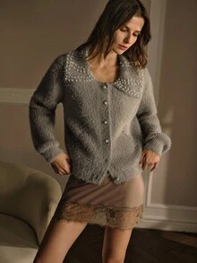 MOTF PREMIUM FAUX PEARL DETAIL BUTTON UP CARDIGAN - Khaki - View 7