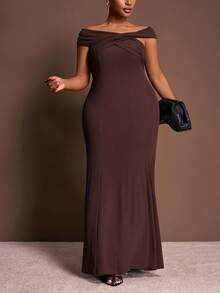 Slaydiva 2025 Autunno e Inverno Nuovo Abbigliamento Donna Taglie Forti/Abbigliamento Donna Autunno/Ritorno a Scuola/Abbigliamento Scolastico/Y2k/Stile di Strada/Appuntamenti/Uscite/Lavoro/Ufficio/Abbigliamento Aeroporto Donna/Festa/Pendolarismo/Eleganza/Festa di Cocktail/Punk/Decadenza/San Valentino/Abbigliamento Donna Moda di Base Colore Caramello Tessuto Plissettato Monospalla Senza Schienale Vita Stretta Vestito Lungo a Coda di Pesce - Marrone ruggine - Visualizzare 4