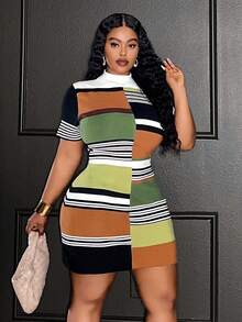 Slaydiva 大码女式立领条纹短袖修身针织连衣裙，适合秋冬季穿着，条纹连衣裙，凸显曲线，修身大码，适合秋冬季穿着。 - 彩色 - 查看 6