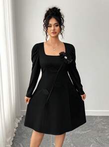 Elenzga Plus Size Women's 3D Floral Square Neck Long Sleeve Dress, Elegant, Soft, Retro, Luxury, Romantic Maxi Dress Fall Cloth For Women - Black - View 3