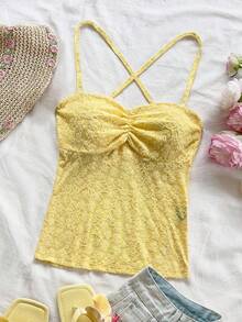 Soleia 女士花卉提花褶皱吊带背心黄色上衣 - 黃色 - 查看 7