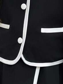 SHEIN Elladie kids 2pcs Young Girls Fashion White Button Black Long Sleeve Faux Pocket Jacket Paired With Comfortable Autumn/Winter 2 In 1 Skirt Set Fall - Black - View 7