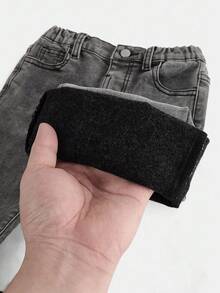 SHEIN Young Girls' Grey Washed Denim Thermal Lined Elastic Skinny Flare Jeans Pants,Kids Winter Keep Warm Clothes Outfits,Girls Back To School Homecoming Outfits,Solid Color Elegant & Simple & Versatile Flare Pants, Fall Autumn Winter Clothes Outfits,Kids Back To School Streetwear Outfits,Comfortable And Versatile, For 4-7 Years Old Girls, Suitable For School, Home And Travel, Girls Flare Jeans, Tween Flareds, Kids Flared Jeans, Gray Jeans Girls, Winter Flare Jeans Girls - Dark Grey - View 6