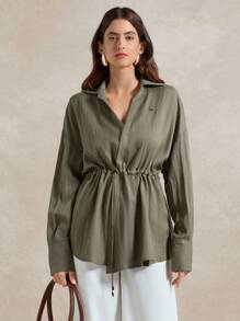 Briarwyn 女士休闲纯色抽绳长袖衬衫，适合日常穿着 - 軍綠色 - 查看 1