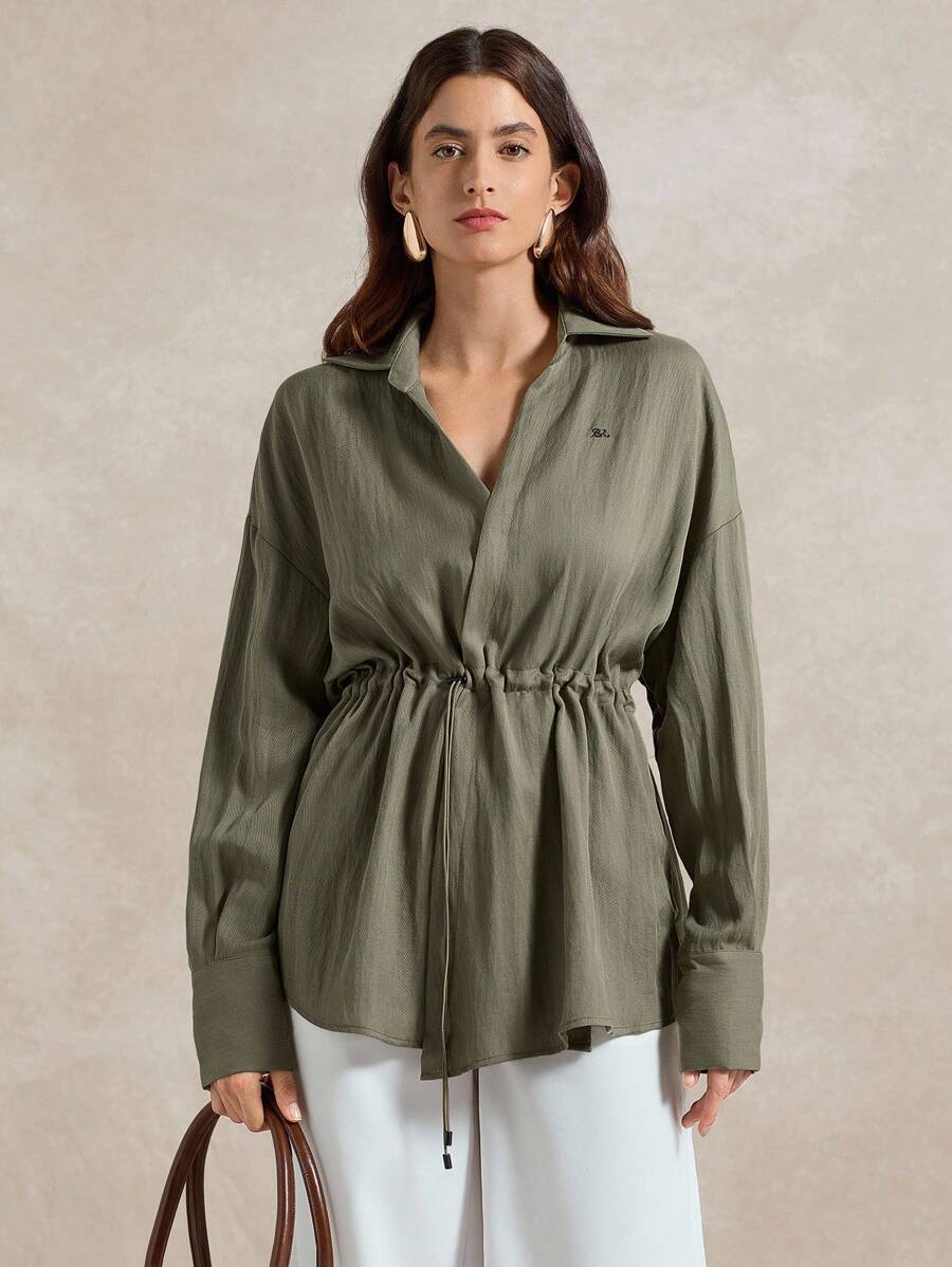 Briarwyn 女士休闲纯色抽绳长袖衬衫，适合日常穿着 - 軍綠色 - 查看 1