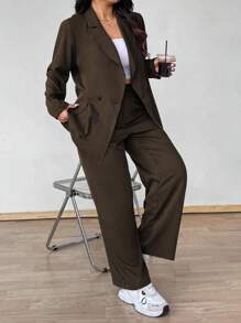 Vionelle Plus Size Women Solid Color Lapel NeckLong Sleeve Double-Breasted Jacket And Pants Casual Suit Set Fall Cloth For Women Autumn