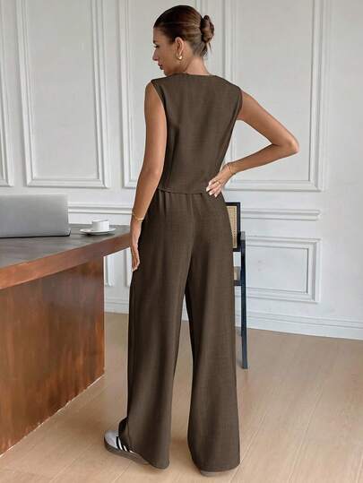 Siren Gaze Women's Solid Color Single-Breasted Vest And Pants Casual Suit Set,Fall Winter Brown Casual