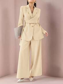 Heiryn Women's Elegant Solid Color Blazer And Pants Suit, Office Wear,Fall - Apricot - View 3
