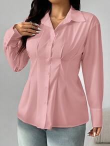 SHEIN EZwear 大码女式长袖褶皱单排扣休闲衬衫，粉色 - 粉色 - 查看 3