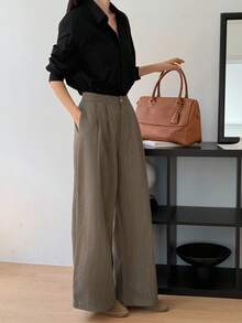 DAZY 女式人字纹羊毛阔腿裤，宽松口袋，秋季休闲街头风格长裤 - 棕色 - 查看 4