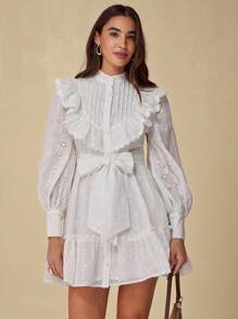 Enchnt 女士优雅纯色镂空刺绣荷叶边下摆度假连衣裙 - 白色 - 查看 3