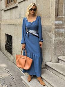 Elyressa Vestido elegante de mujer de unicolor con escote de corazón y fruncido - Azul - Ver 4