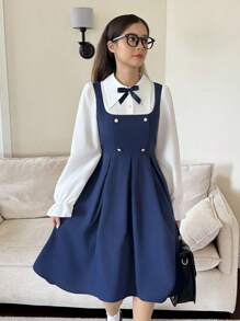 Navy Blue Long Sleeve Elegant Commuter Dress For Teenage Girls Fall Winter - Navy Blue - View 6