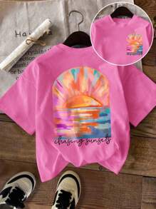 DrmWander Women's Casual Letter & Painting Print Drop Shoulder Short Sleeve T-Shirt, Summer