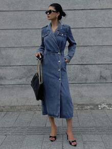 DAZY Đầm denim nữ cổ ve lật và có túi, đầm mùa thu. - Màu xanh lam - Xem 7