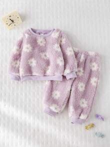 Cozy Pixies 2 pezzi Set di felpa con collo a giro a maniche lunghe con stampa floreale e fodera in pile e pantaloni con vita elastica alla caviglia per bambina