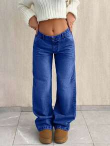 EURMUSE PETITE CASUAL LOW WAIST BAGGY LOOSE STRAIGHT LEG JEAN - Dark Wash - View 7