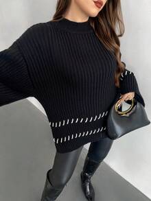 Firerie Plus Size Women's Casual Everyday Minimalist White Contrast Edge Side Slit Knit Pullover Sweater, Autumn/Winter Ribbed Sweaters Women Sweaters Plus Size Sweaters Sweaters With Bell Sleeves Embroidered Sweaters - Black - View 10