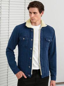 RueChic 100%纯棉男士博格领翻盖口袋保暖内衬牛仔夹克