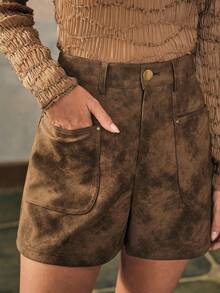Anewsta Damen neue elegante Leder Weite Bein Shorts - Khaki - Übersicht 7