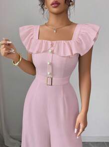 Elenzga Bộ đồ liền thân thắt lưng giả cổ vuông phối bèo nhún mới cho nữ, bộ đồ liền thân cạp cao thanh lịch, thoải mái khi đi làm hàng ngày - Hồng - Xem 5